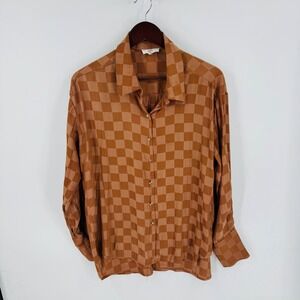 Entro Rust Brown Checkered Button Up Blouse Oversized Size M Earthy Geometric